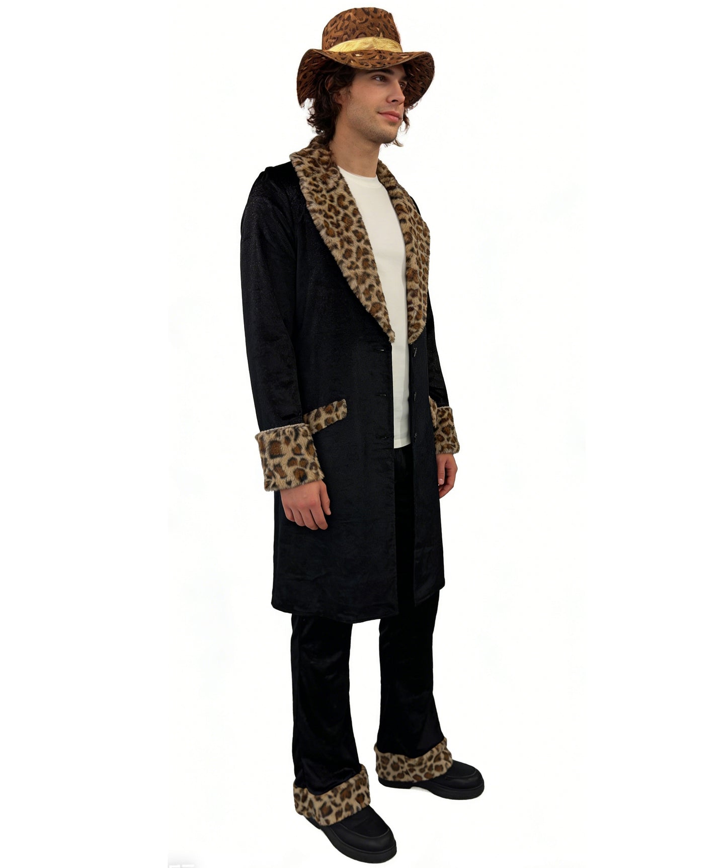 HPO Men's Fur Trim Costume Set | Sleek black construction featuring a long coat and pants with leopard fur trim and matching hat | Ideal for party, Halloween, cosplay, theater, drag, performance, costume events