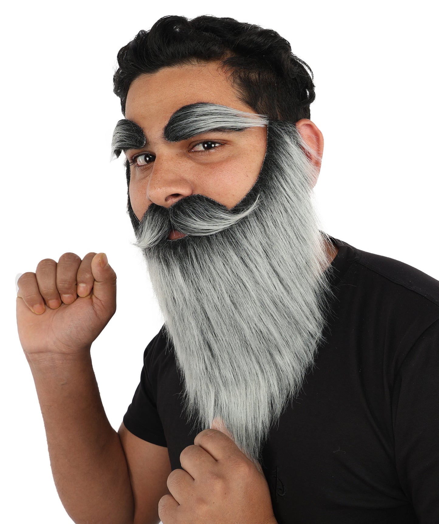 HPO Men's Full Artificial Beard Mustache & Eyebrow Set | Flame-Retardant Synthetic Fiber With Regular Cap | Ideal For Theater, Halloween And Cosplay
