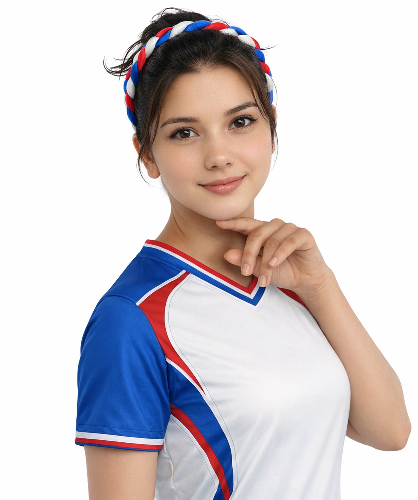HPO Women's Multinational Braided Hairband | Textured red, white, and blue synthetic fibers woven into a twisted headband with elastic backing | Ideal for party, Halloween, cosplay, theater, drag, performance, costume events