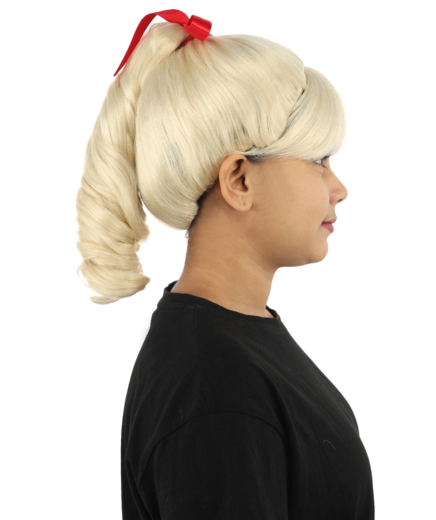HPO Women's Spiral Ponytail Wig | Multicolor Options | High Updo with Red Ribbon Bow & Bangs, Heat Friendly Synthetic Fiber & Breathable Cap | Halloween, Christmas Event, Themed Party, Theater & Roleplay