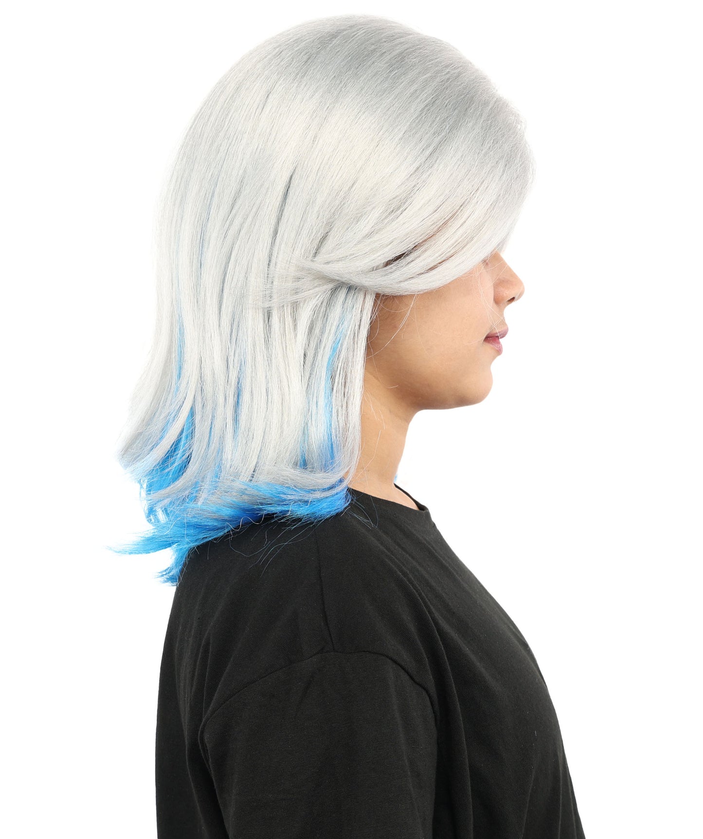 HPO Women's Medium Layered Bob Wig | Ash Gray to Blue Ombre Synthetic Hairstyle for Cosplay, Festivals, Stage Shows, Parties & Photoshoots