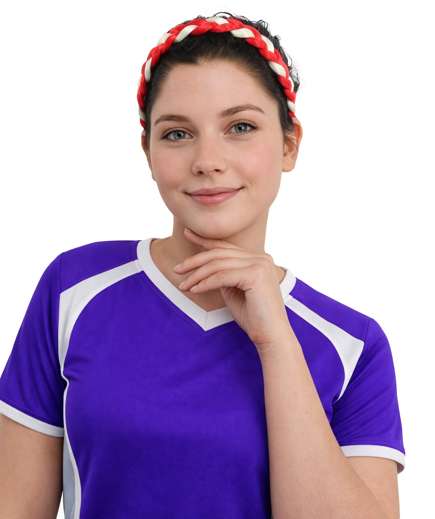 HPO Women's Multinational Braided Hairband | Textured red and white synthetic fibers woven into a twisted headband with elastic backing | Ideal for party, Halloween, cosplay, theater, drag, performance, costume events