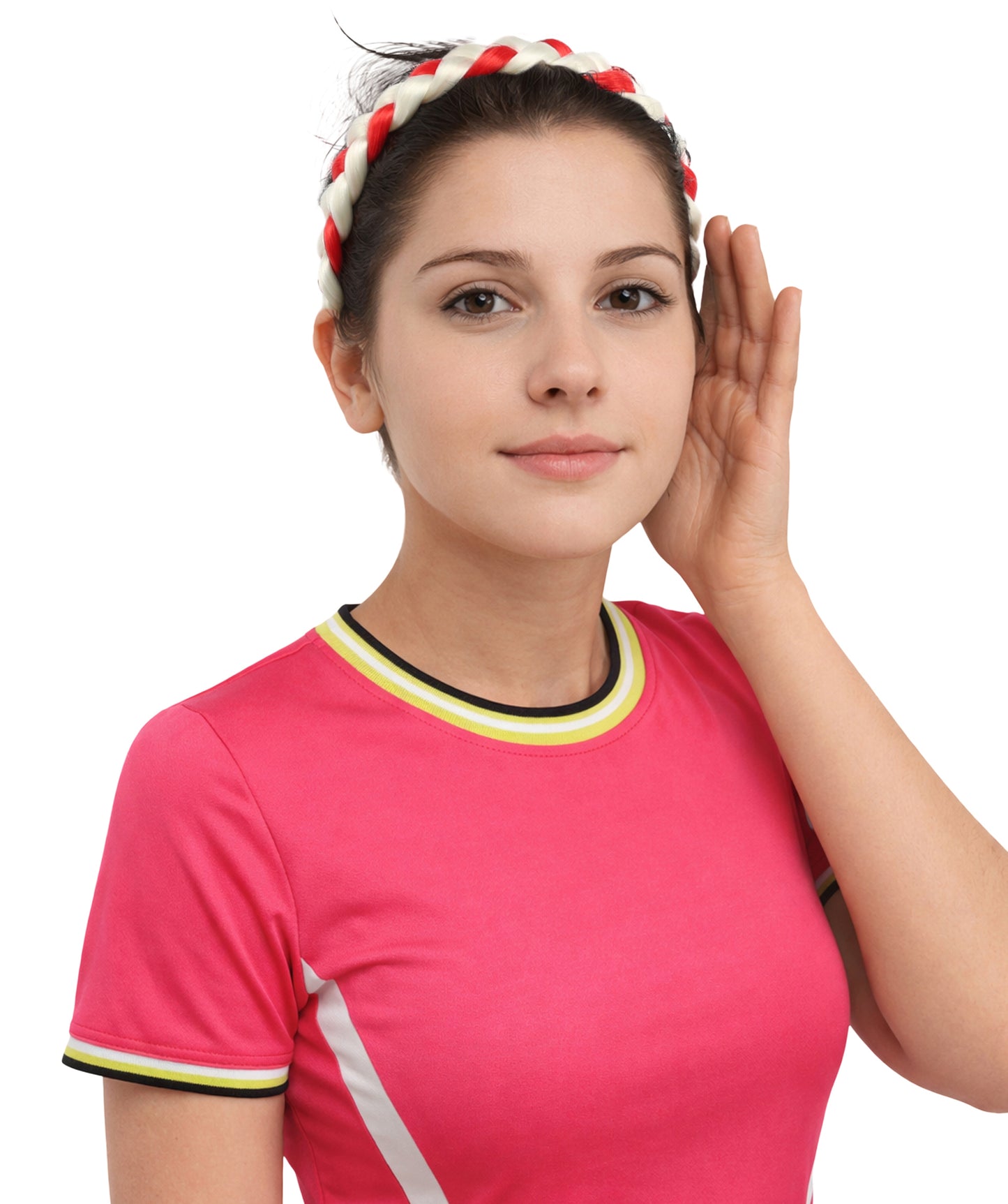 HPO Women's International Braided Headband | Textured red and white synthetic fibers woven into a twisted headband with an elastic back | Ideal for party, Halloween, cosplay, theater, drag, performance, costume events