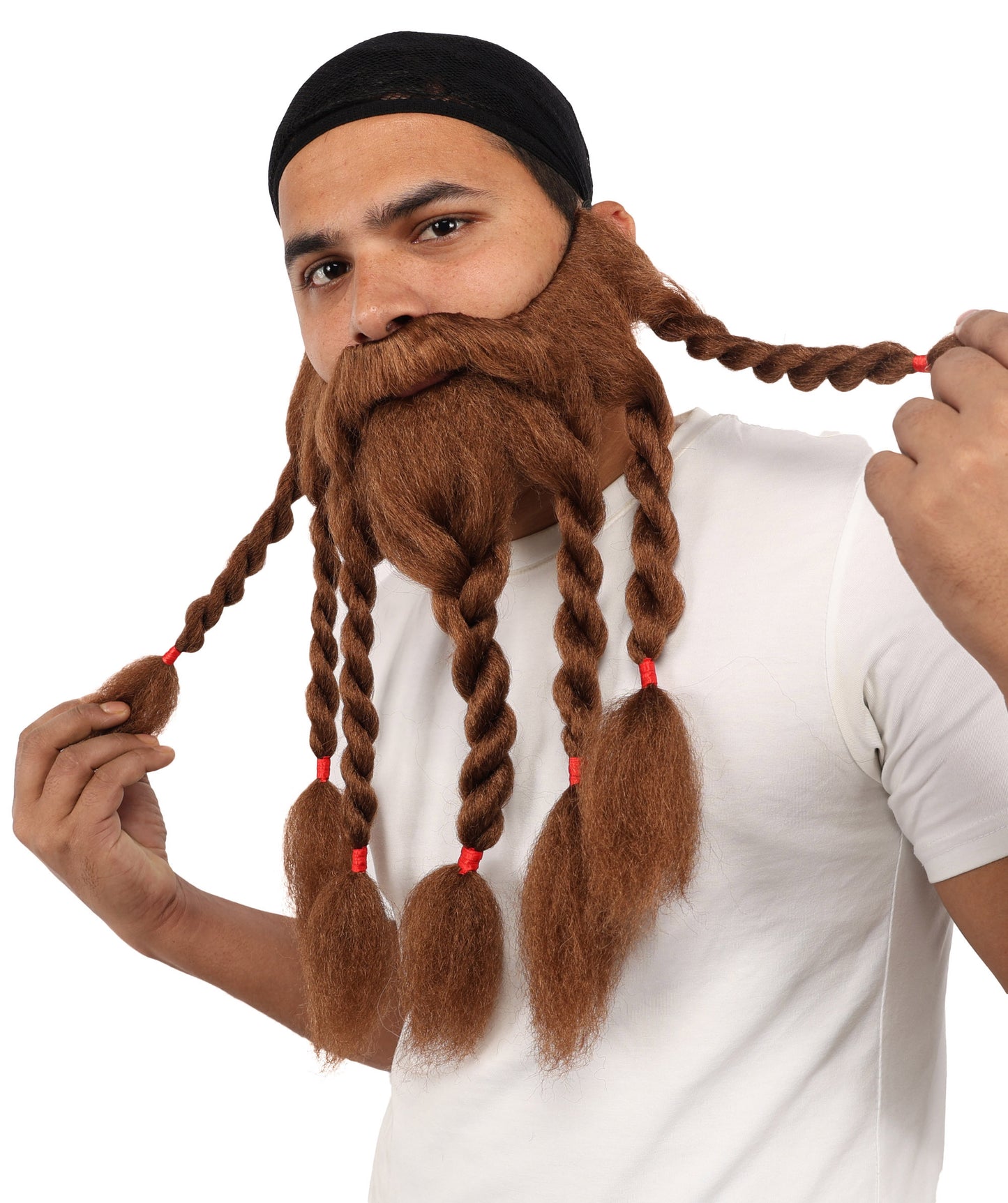 HPO Men's Warrior Beard &Mustache Accessory | Long Brown Synthetic Beard with Mustache Set | Medieval Fantasy Roleplay Look