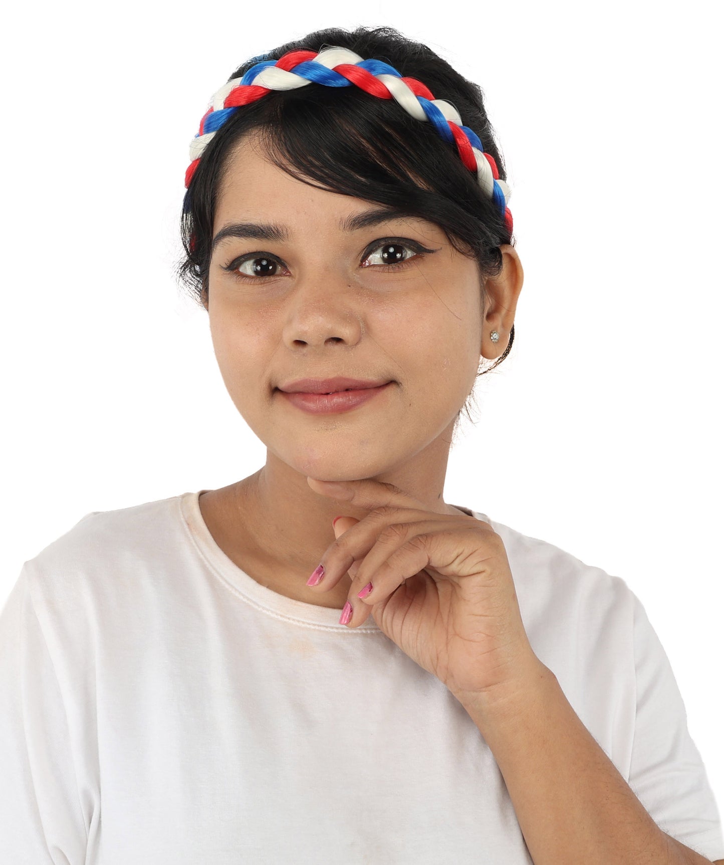 HPO Women's Multinational Braided Hairband | Textured red, white, and blue synthetic fibers woven into a twisted headband with elastic backing | Ideal for party, Halloween, cosplay, theater, drag, performance, costume events