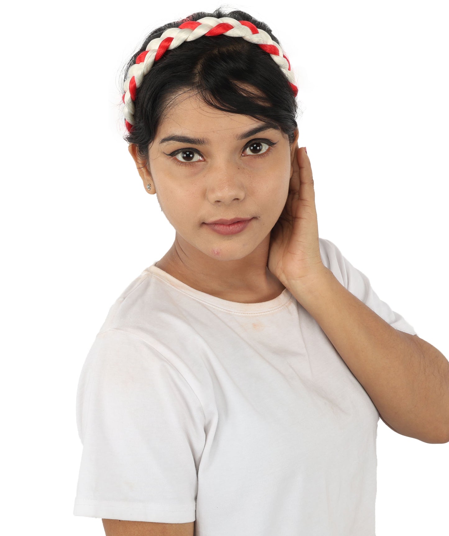 HPO Women's International Braided Headband | Textured red and white synthetic fibers woven into a twisted headband with an elastic back | Ideal for party, Halloween, cosplay, theater, drag, performance, costume events