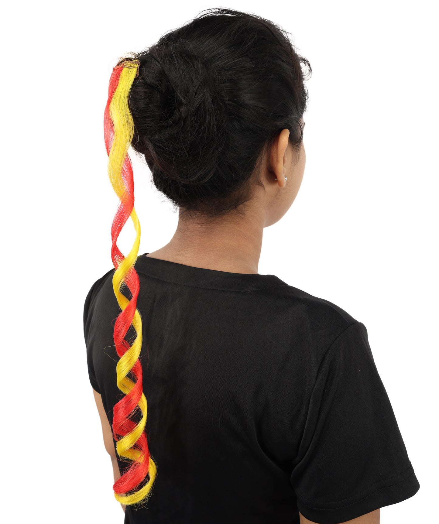 HPO Women's Spain Flag Hair Extension | Coiled red and yellow synthetic fibers featuring a twisted attachment design | Ideal for party, Halloween, cosplay, theater, drag, performance, costume events