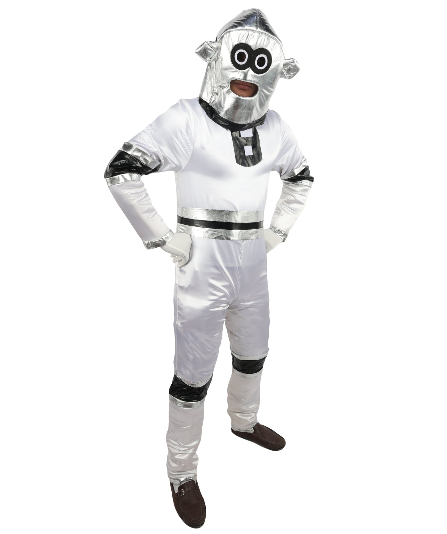 HPO Men's Metallic Silver & Black Android Bodysuit | Shiny PVC and Satin Finish with Full Head Cap and Matching Hand Gloves | Ideal for Cosplay, Halloween, Drag, and Futuristic Theater Performances