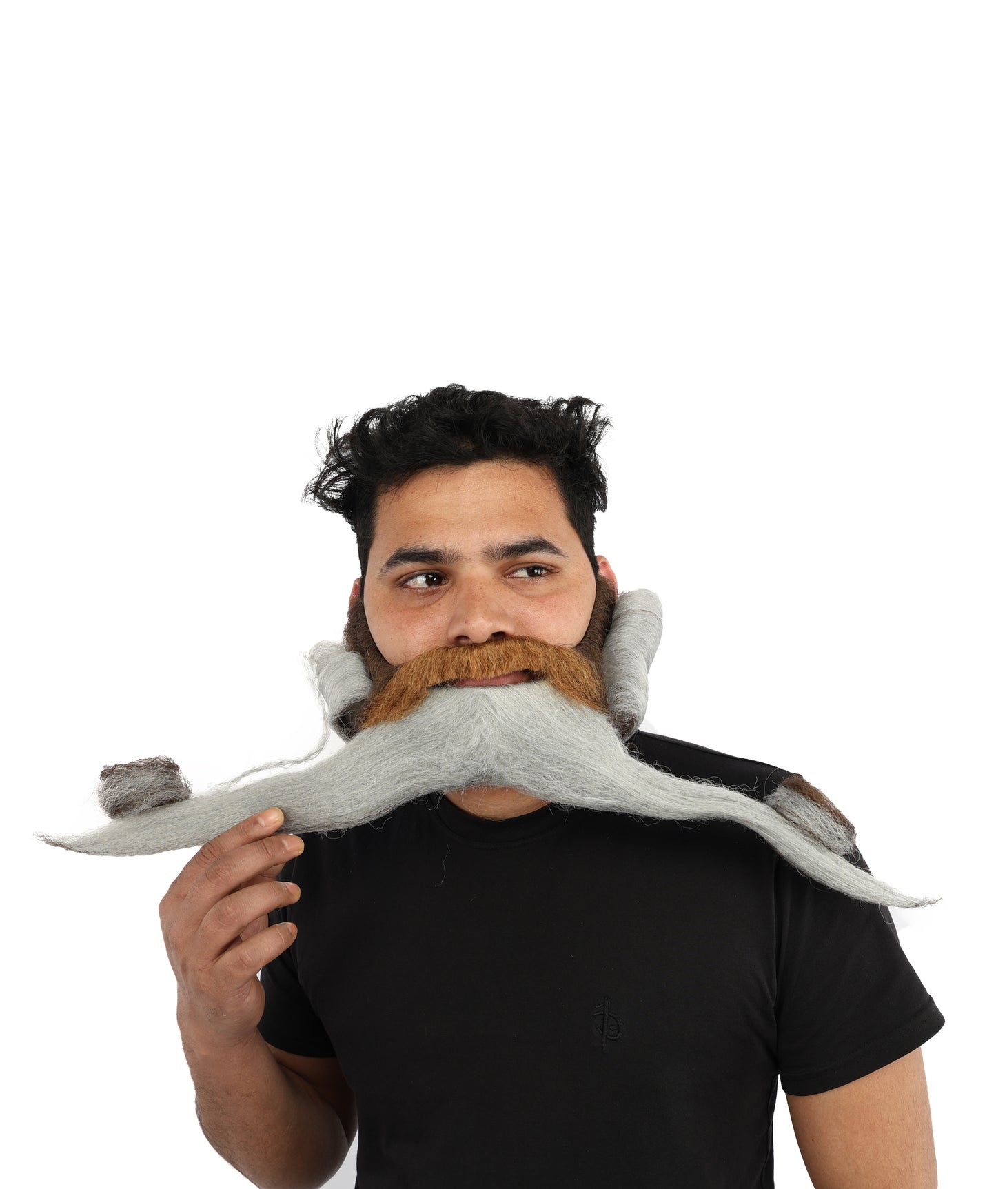 HPO Men's Classic Grey Handlebar Beard & Moustache with Long Curled Ends | Lightweight Fake Facial Hair | Synthetic Fiber Costume Facial Hair