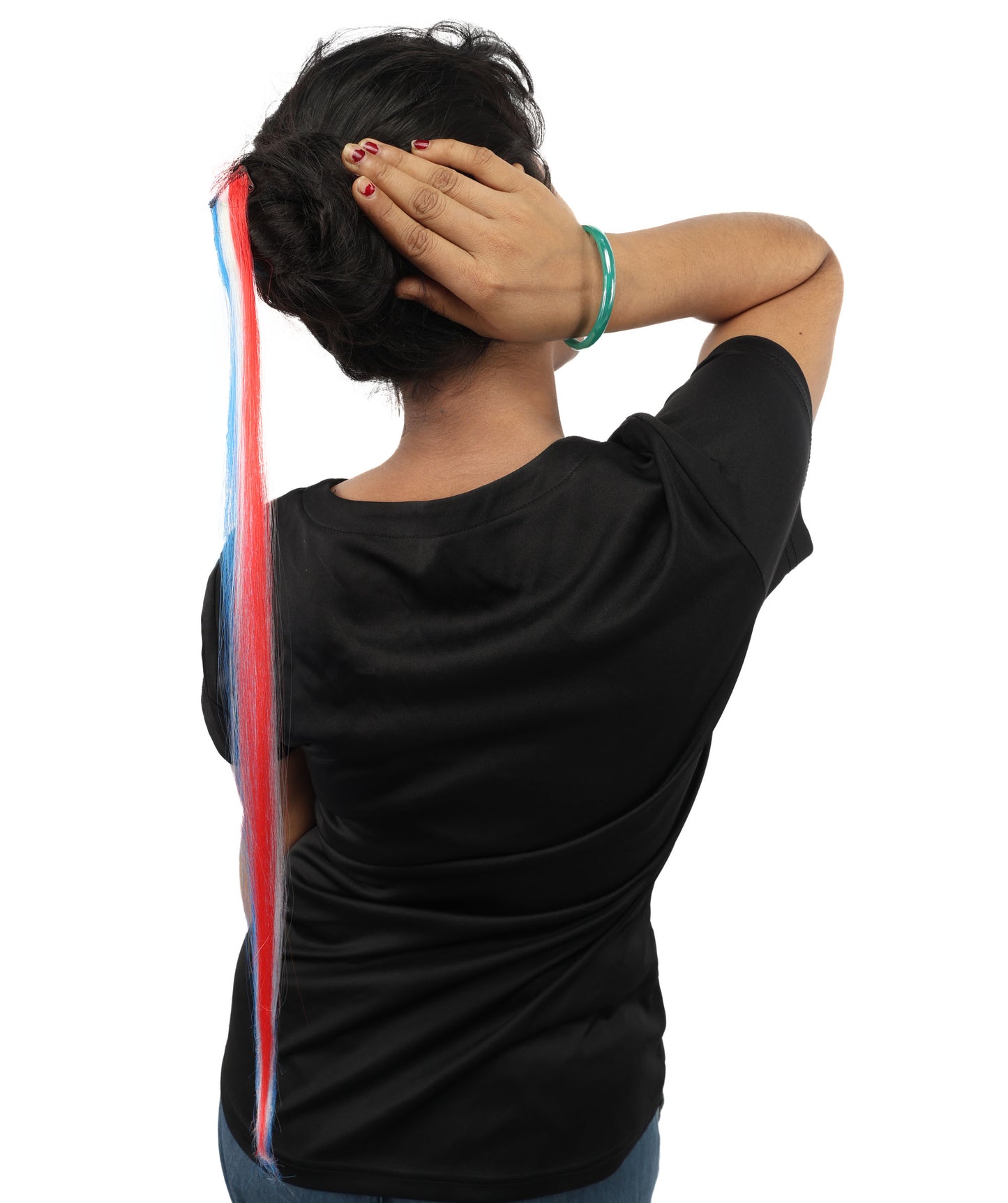 HPO Women's International Clip-in Hair Extension | Sleek red, white, and blue synthetic fibers featuring a secure snap attachment | Ideal for party, Halloween, cosplay, theater, drag, performance, costume events