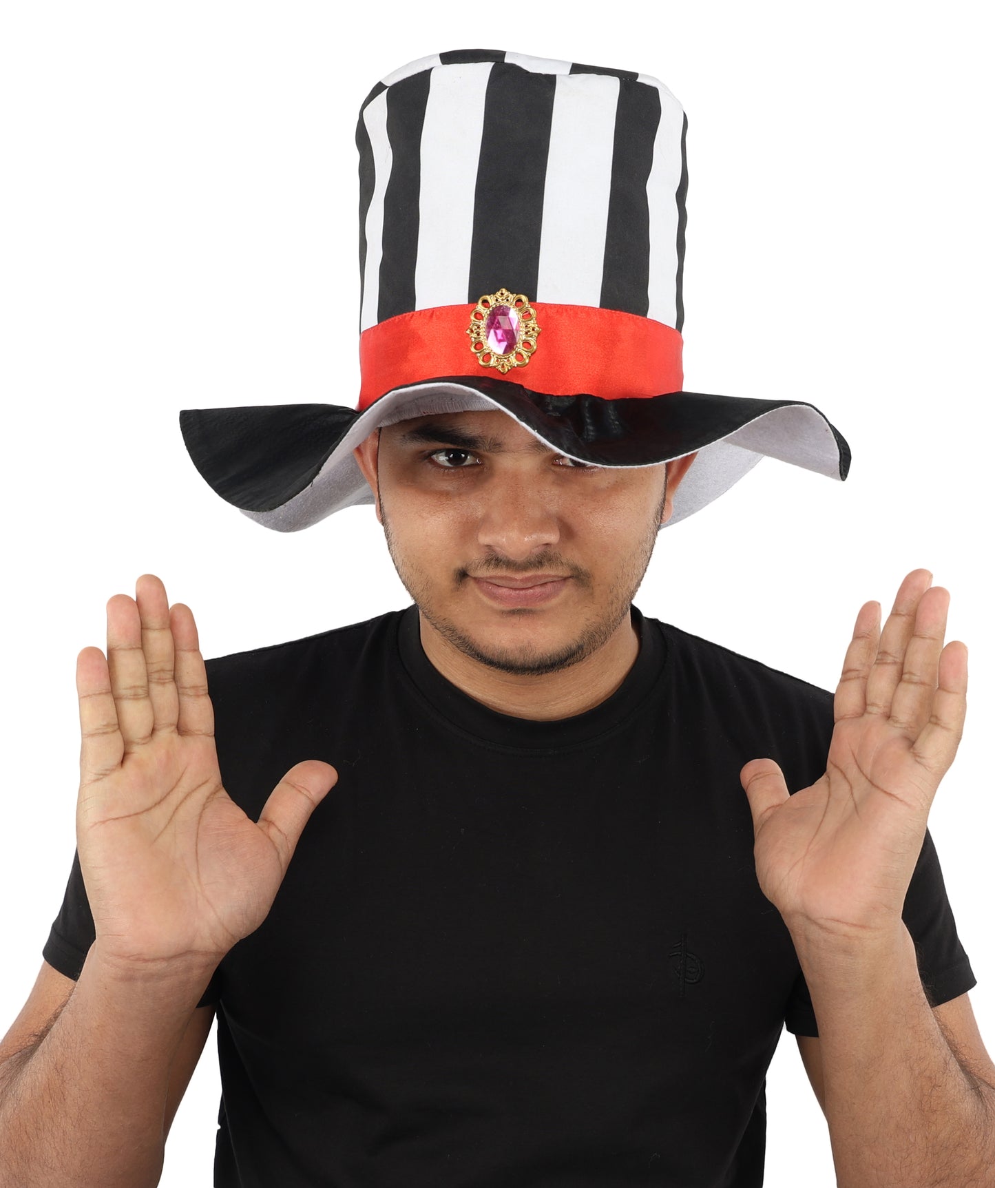 HPO Men's Striped Circus Mini Hat | Black and White Pattern with Red Ribbon and Gothic Cameo | Ideal for Halloween, Theater, Drag, and Carnival Performance Events