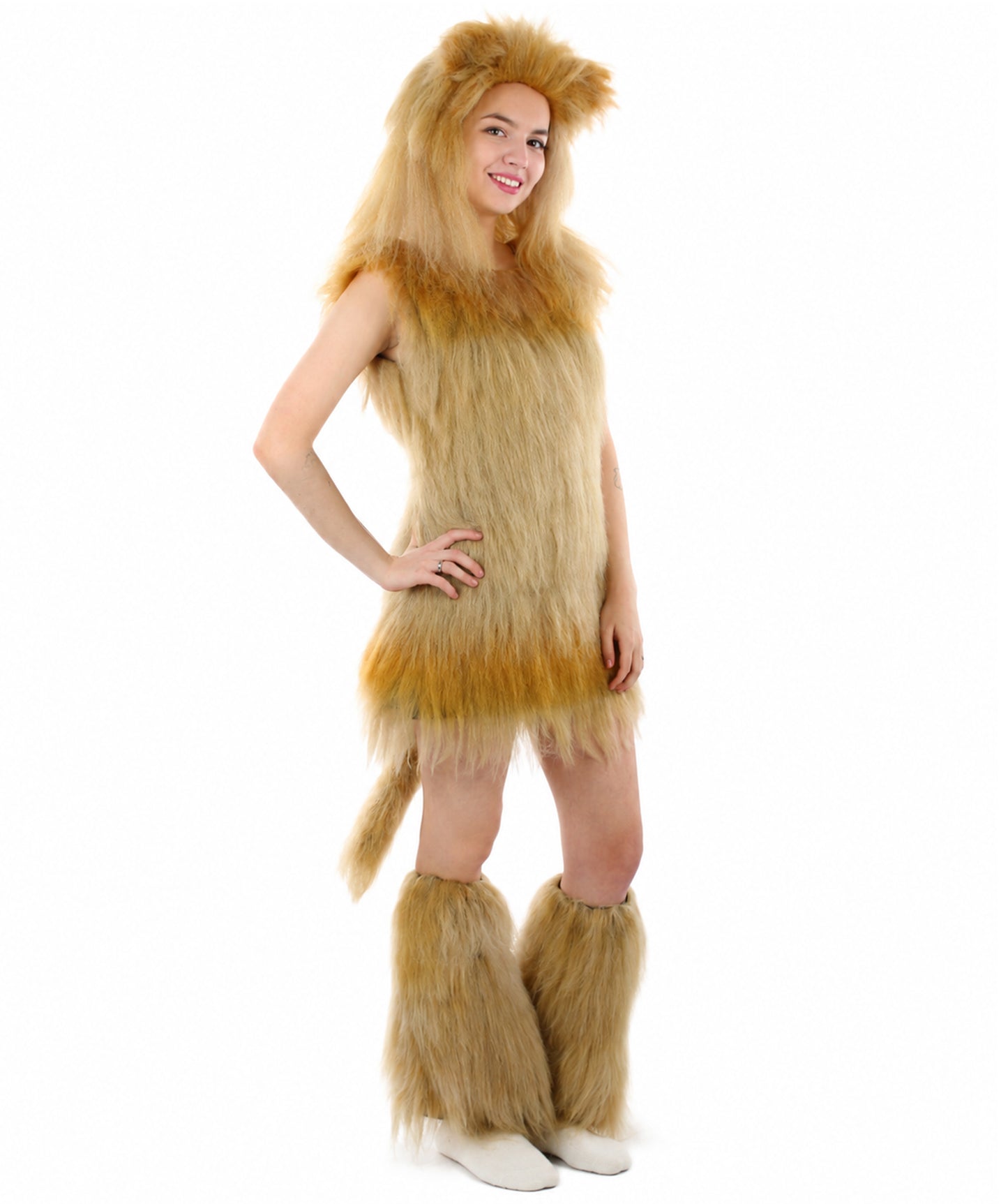 Tan Lion Costume with Fir Boots (Bundle)- Long Synthetic Fibers Orange Color