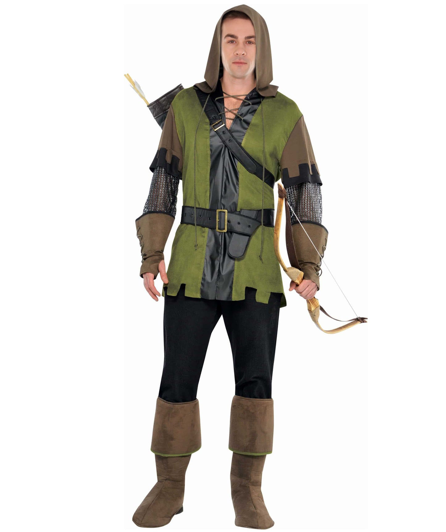 HPO Adult Robin Hood Costume | Medieval Green Tunic with Belt, Hand Gloves, Leg Socks & Bag | Men’s Halloween Archer Outfit for Theater, Festivals & Roleplay