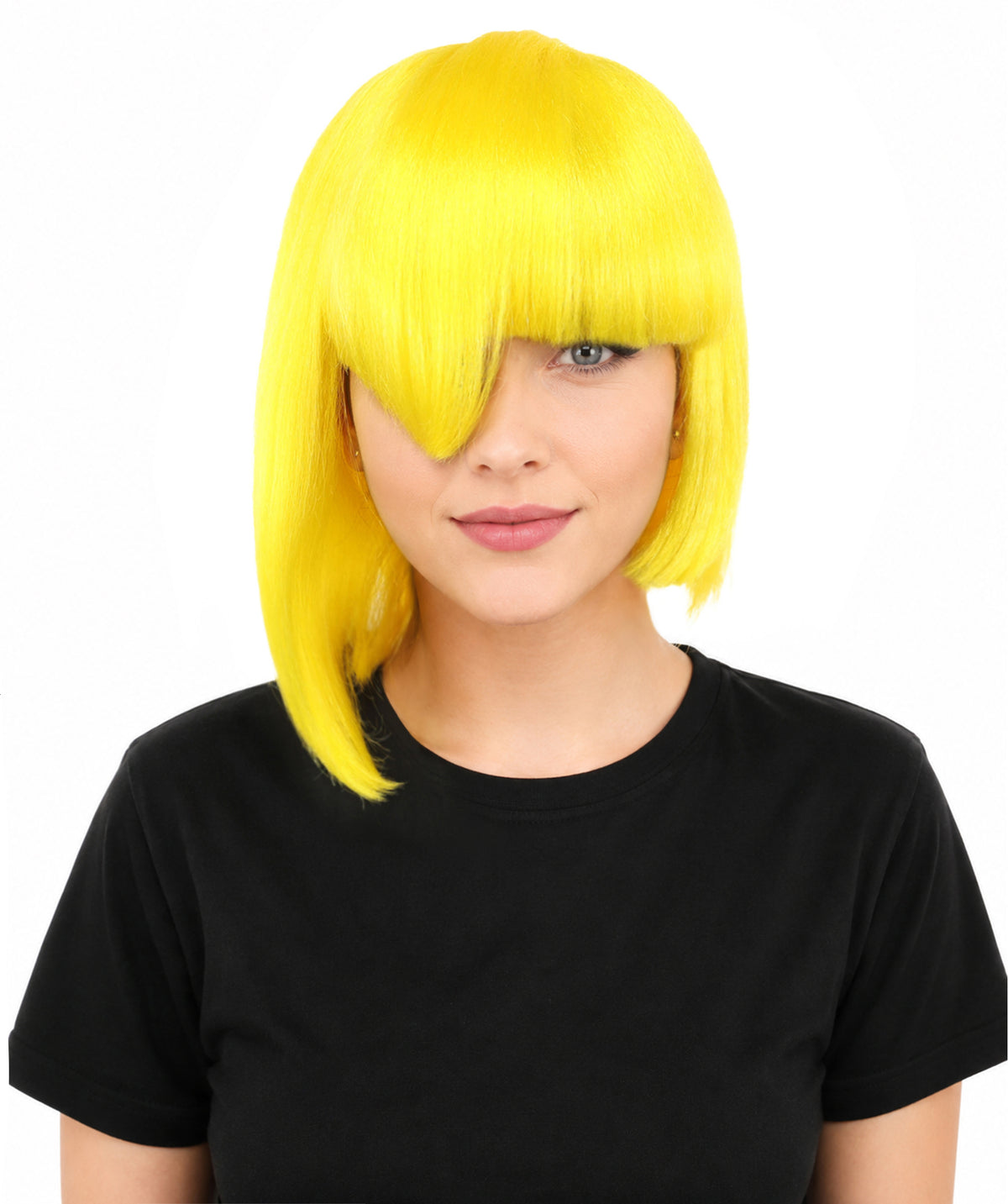 HPO Adult Women's Asymmetrical Bangs Bob Wig | Multiple Color Options | Create of synthetic fiber, sleek straight volume, breathable capless base | Party, Halloween, theater, drag, performance, costume events