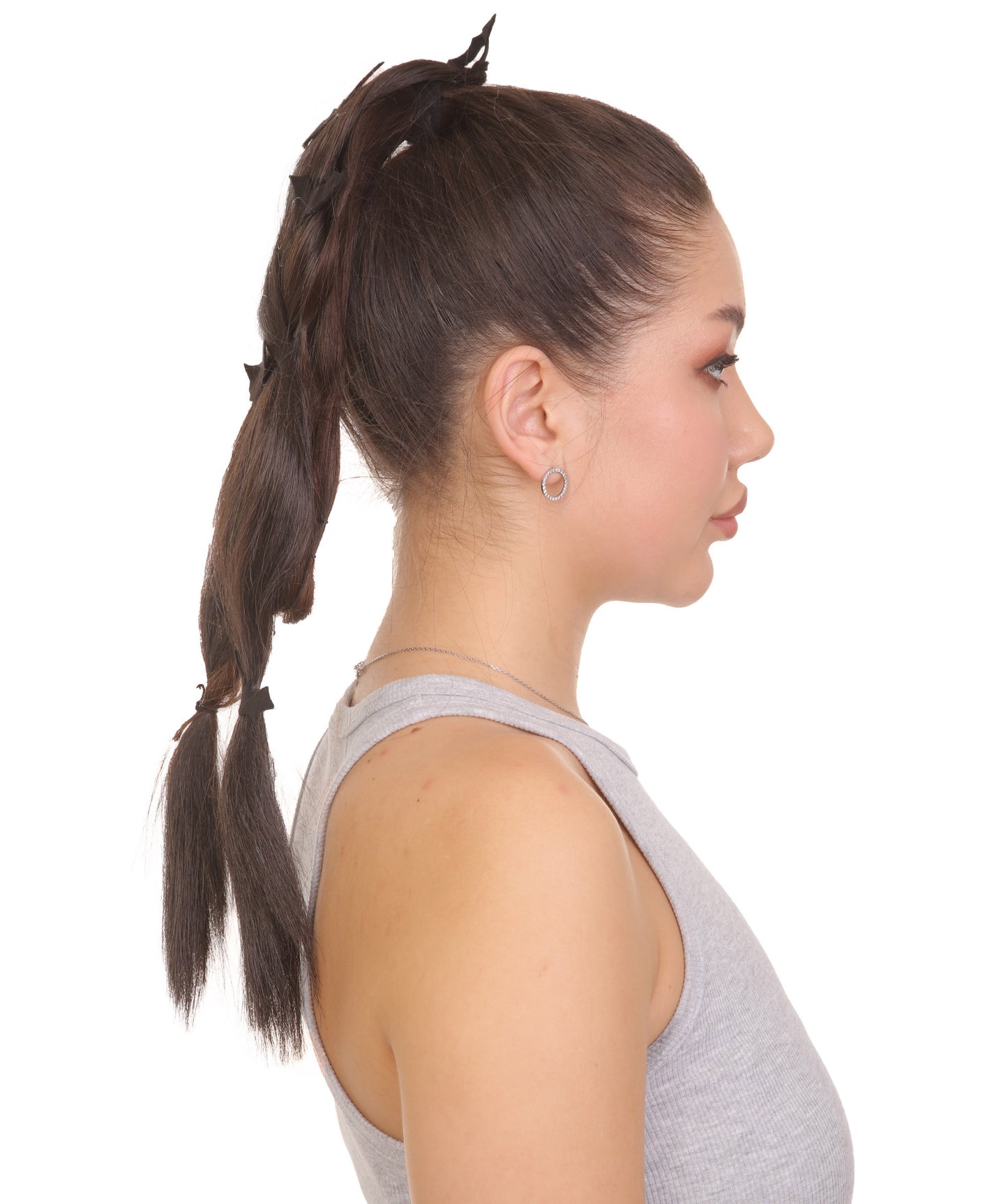 HPO Women's Long Length Bat Ponytail Hair Clips - Straight Jet Black Hair - With Scary Black Bats