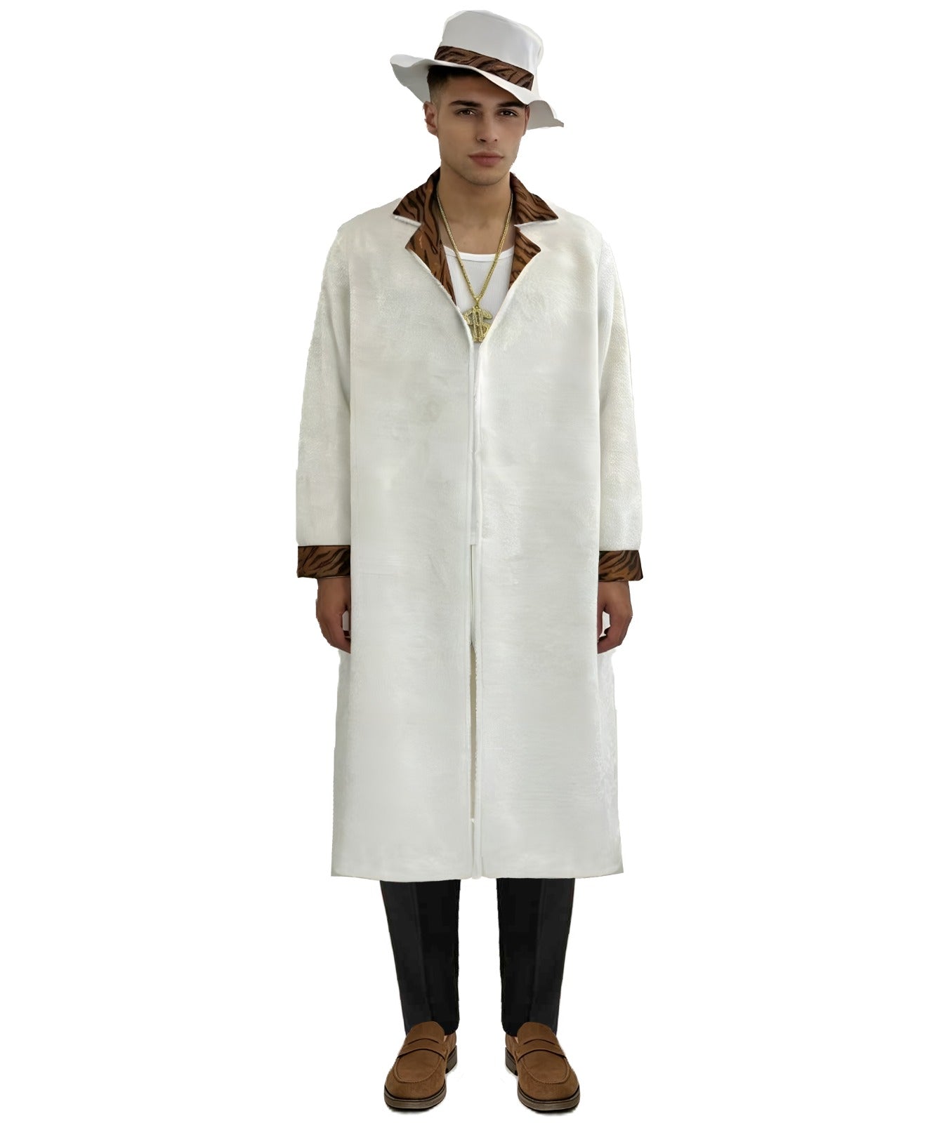 HPO Men's Vintage White Coat Set | Long white coat featuring contrasting brown lapels with a matching wide-brim hat | Ideal for party, Halloween, cosplay, theater, drag, performance, costume events