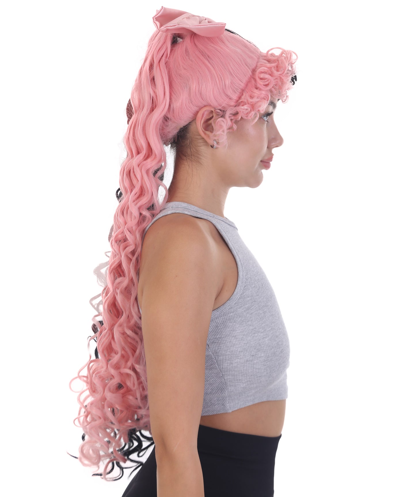 Women's Extra Long High Ponytail in Bubblegum Pink and Black Split Dye - Wavy Adult Lace Wig | Nunique