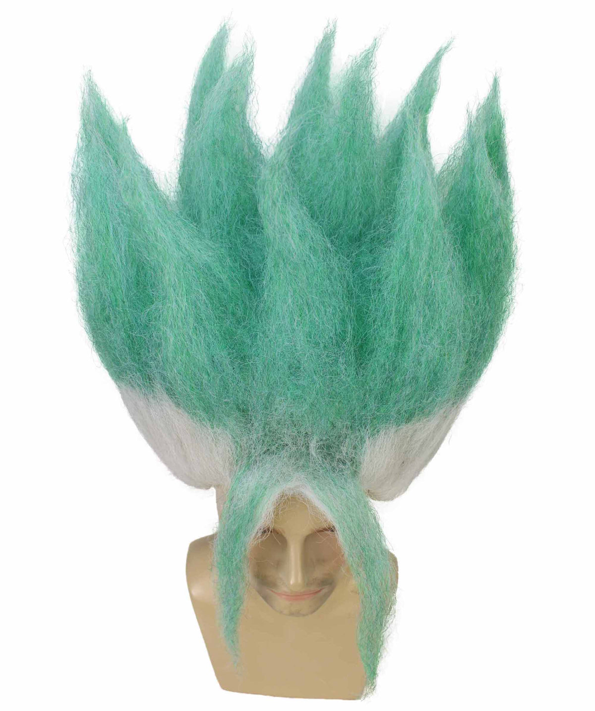 HPO Women's Spiky Anime Wig with Tall Upright Layers & Long Front Strands - White & Sea Green Spiky Wig with Long Front Strands Synthetic Fiber and Breathable Capless Cap for Halloween Cosplay Events