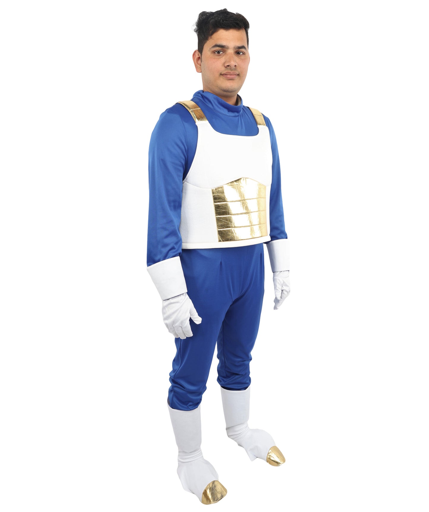 HPO Men's Galactic Anime Fighter Costume | Blue Jersey and Gold PVC Armor Construction with Hand and Leg Gloves | Ideal for Theater, Halloween, Drag, and Anime Convention Events