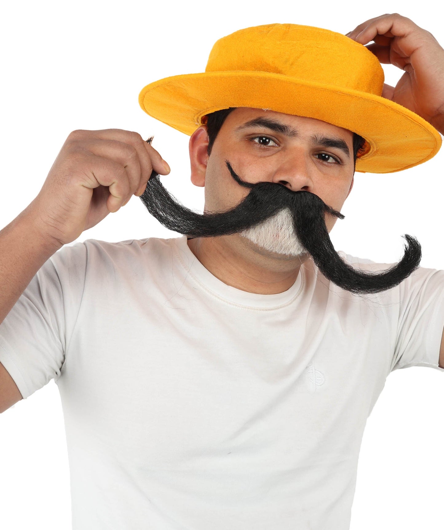 Adult Men’s Funny Brown Curly Mustache with Orange Hat | Costume Accessory | Ideal for Halloween Cosplay and Themed Parties