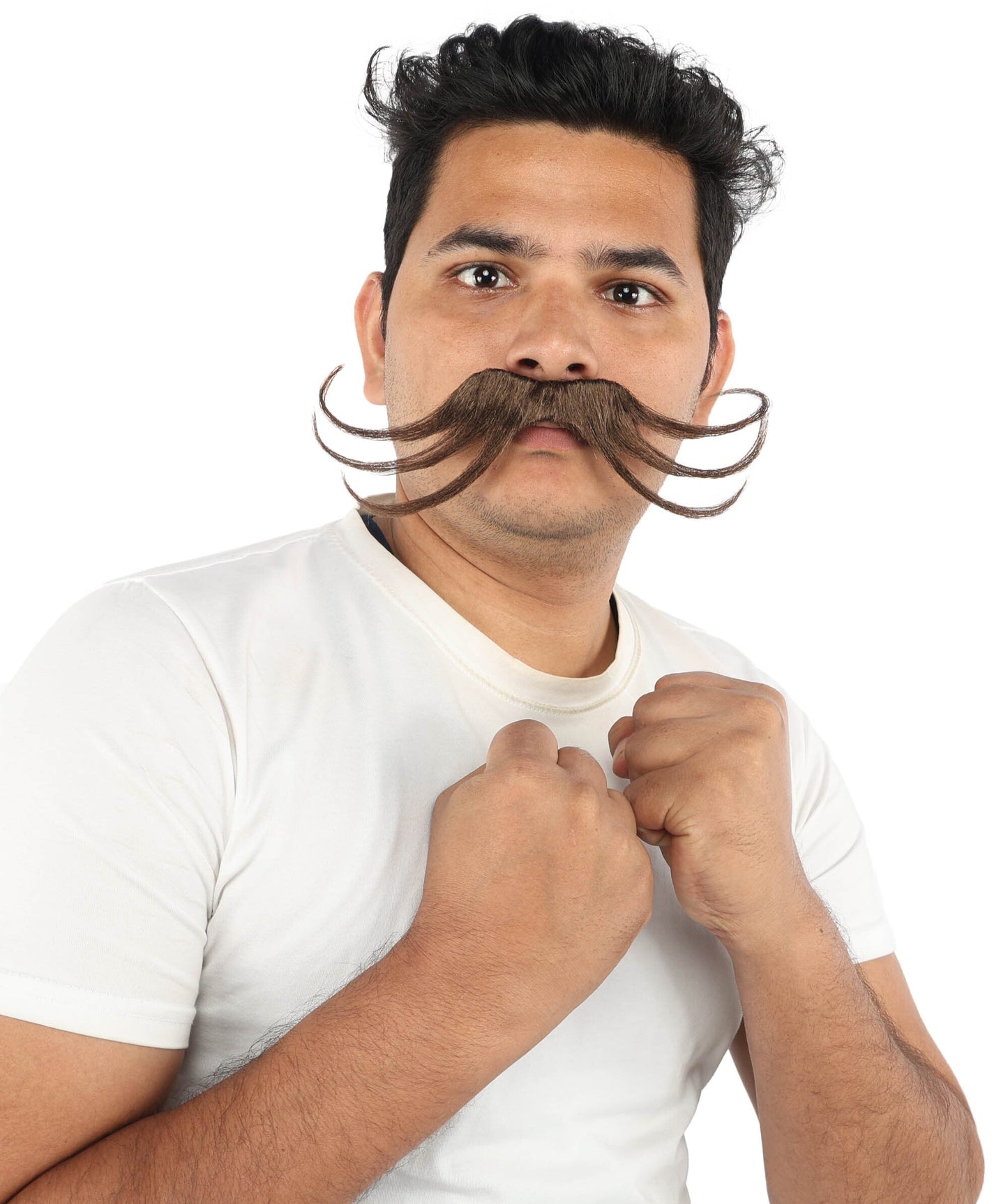 Men's Stylized Brown Curl Mustache | Light brown synthetic fibers with structured precise wire loops and adhesive backing | Essential for theatrical stage drag performance costume events and party