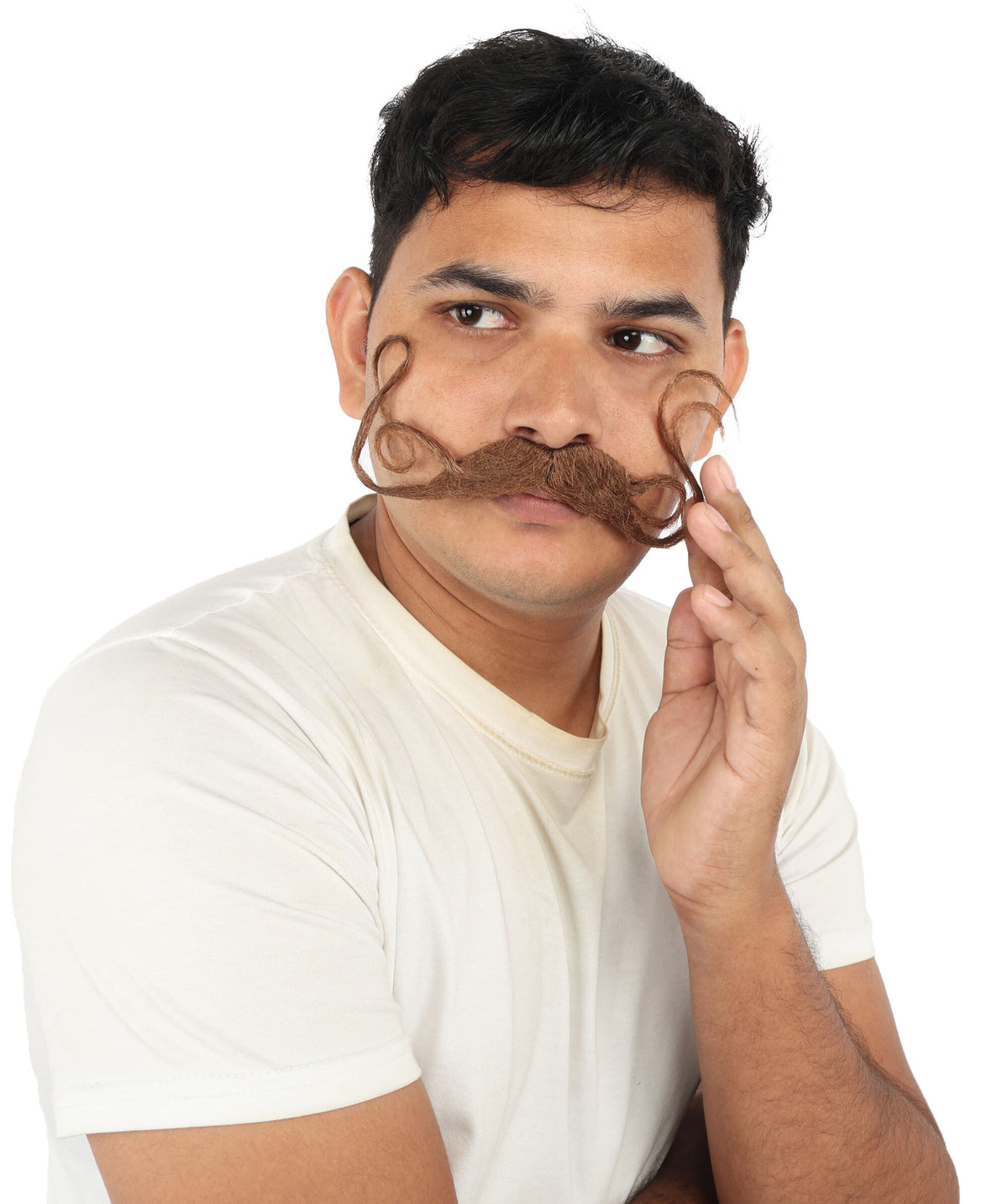 Brown Handlebar Mustache for Men | Curly Costume Facial Hair Accessory | Retro Style Fake Mustache for Halloween, Cosplay, Theater, and Parties
