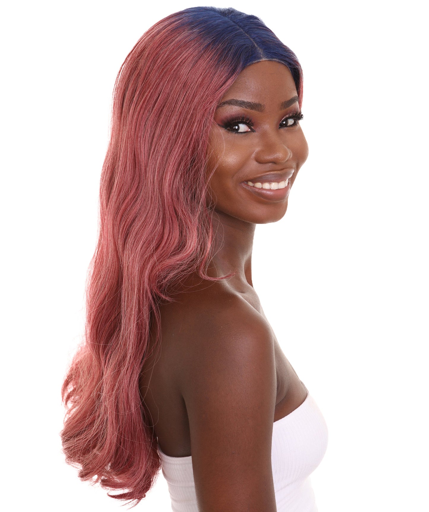 Women's 23" In. Hair Stylist Inspired Wig - Long Length Red Hair with Dark Blue Roots - Lace Front Heat Resistant Fibers | Nunique