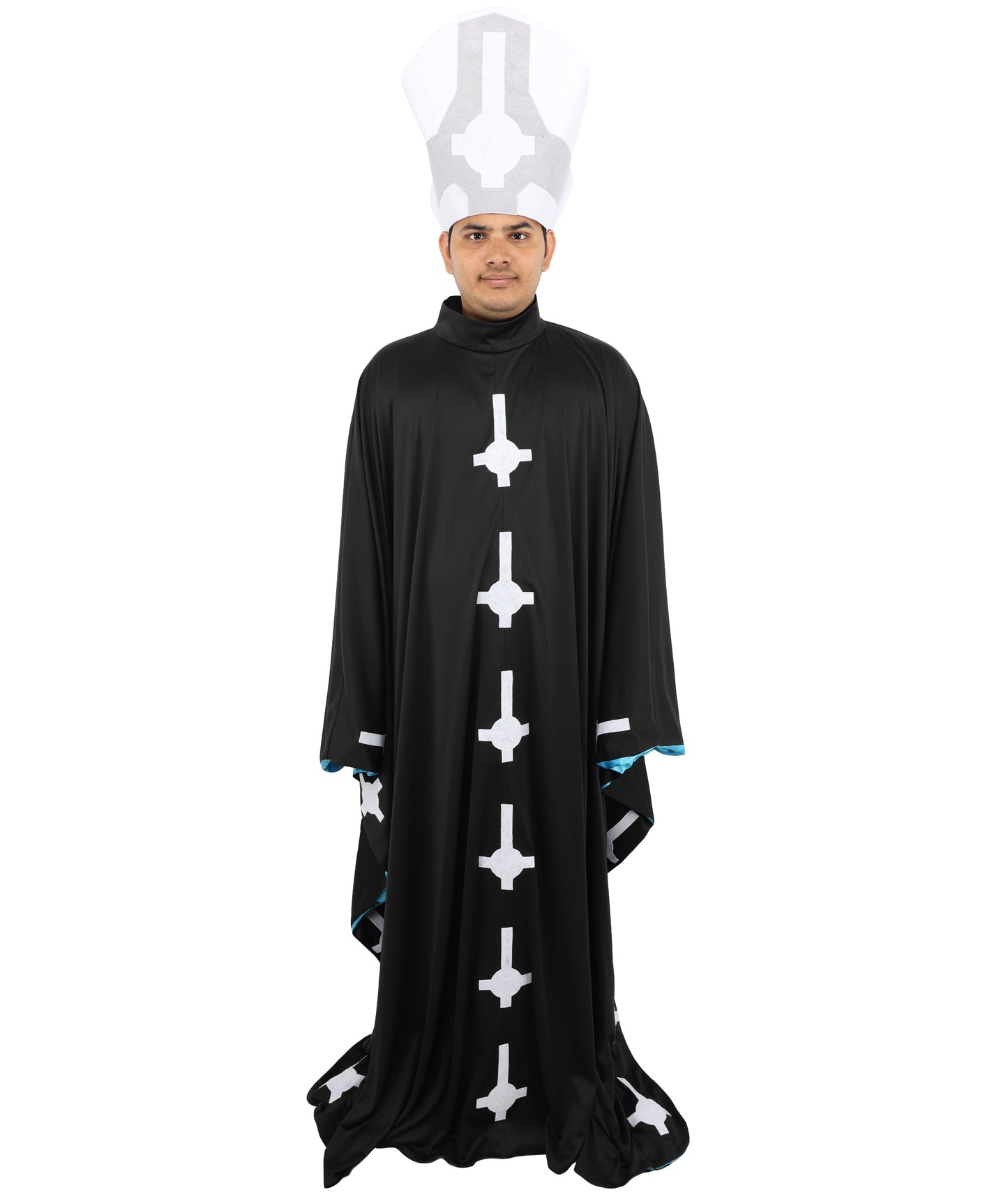 HPO Men's Satanic Pope Costume | Ghostly Grim Clergy Black Robe Teal Satin Lining Inverted Cross Mitre Hat | Halloween Dark Metal Rock Cosplay Stage Performance Wardrobe Piece