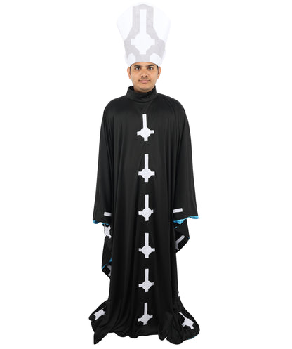 HPO Men's Satanic Pope Costume | Ghostly Grim Clergy Black Robe Teal Satin Lining Inverted Cross Mitre Hat | Halloween Dark Metal Rock Cosplay Stage Performance Wardrobe Piece