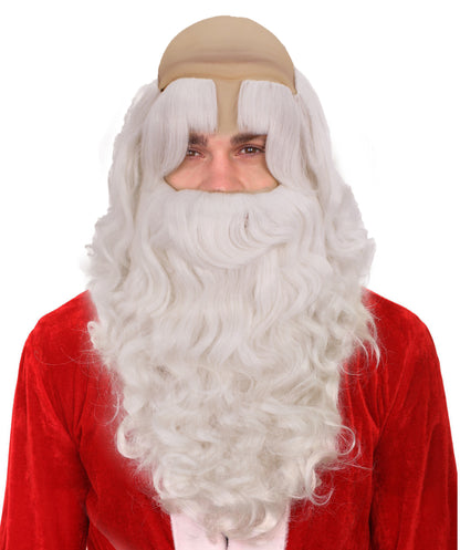 HPO Men's White Santa Wig and Beard Set – Fake Mustache, Long Beard & Eyebrows | Christmas Character Accessories for Stage, Cosplay & Holiday Dress-Up