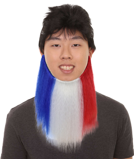 HPO France Flag Beard – Long Tricolor Beard with Adjustable Elastic Strap | Patriotic Character Hairpiece for Cosplay, Parties, Stage & Roleplay
