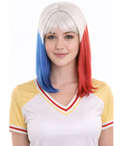Red White and Blue Bob with Tinsel | Sparkly Celebrity Halloween Wigs | Premium Capless Cap