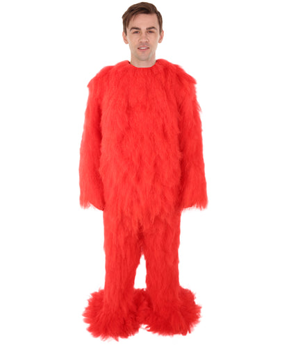 HPO Unisex Red Furry Monster Costume Set Full-Body Plush Cosplay Suit with Mask & Oversized Feet| Perfect for Halloween| Flame-retardant Synthetic Fabric