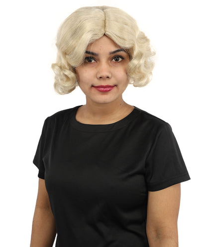 HPO Women’s Medium Length Blonde Curly Retro Wig – 11 Inch Retro Vintage Style Wig with Waves | Inspired by Timeless Music Star Look for Halloween and Cosplay