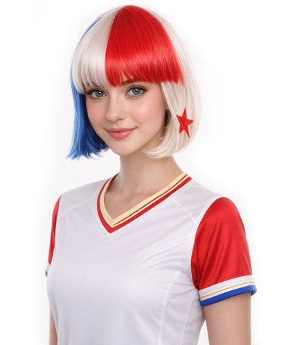 Panama Flag Sport Party Bob Wig | National Pride Red White Blue | Premium Breathable Capless Cap
