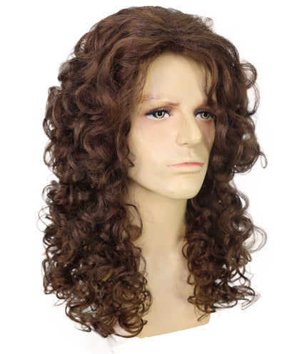 HPO Men Wig Hippie Rock Wavy Mahogany Brown Lightweight Synthetic Fiber, Perfect for 60s & 70s Costumes Halloween and Retro Events,Breathable cap for comfort