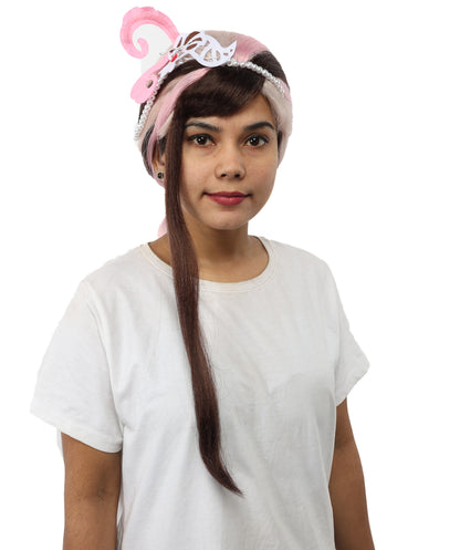 HPO Princess Style Fantasy Ponytail Wig with Feather Crown – Long 23 Inch Dual-Tone Brown & Pink Waves | Ideal for Cosplay, Parties & Halloween