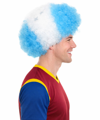 Argentina Sport Afro Fun Wig | White Sky Blue Fancy Halloween Wig