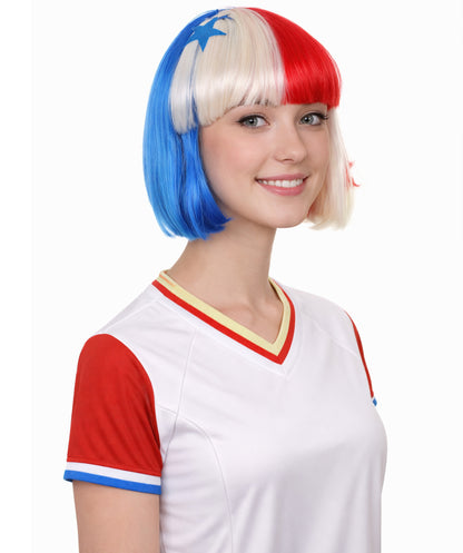 Panama Flag Sport Party Bob Wig | National Pride Red White Blue | Premium Breathable Capless Cap