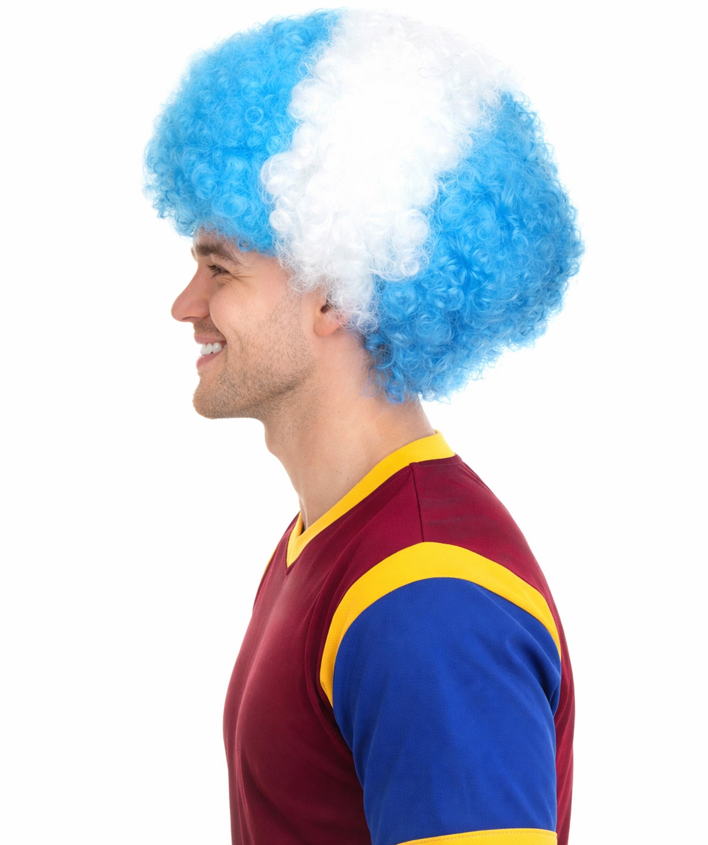 Argentina Sport Afro Fun Wig | White Sky Blue Fancy Halloween Wig