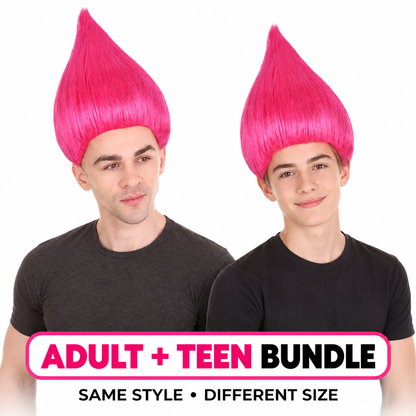 HPO Troll Neon Pink Wig Synthetic Costume Hairpiece Bundle Set for Adult & Teen - Tall Spiked Fantasy Upright Hairstyle With Bold Volume for Cosplay Events & Themed Dress-Up.