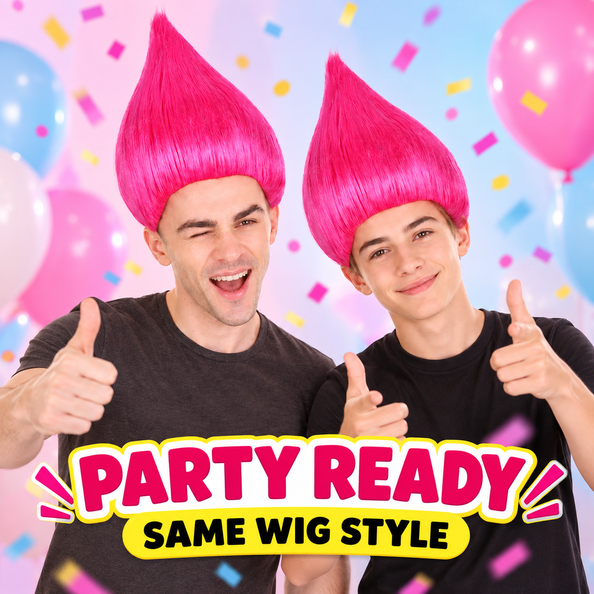 HPO Troll Neon Pink Wig Synthetic Costume Hairpiece Bundle Set for Adult & Teen - Tall Spiked Fantasy Upright Hairstyle With Bold Volume for Cosplay Events & Themed Dress-Up.