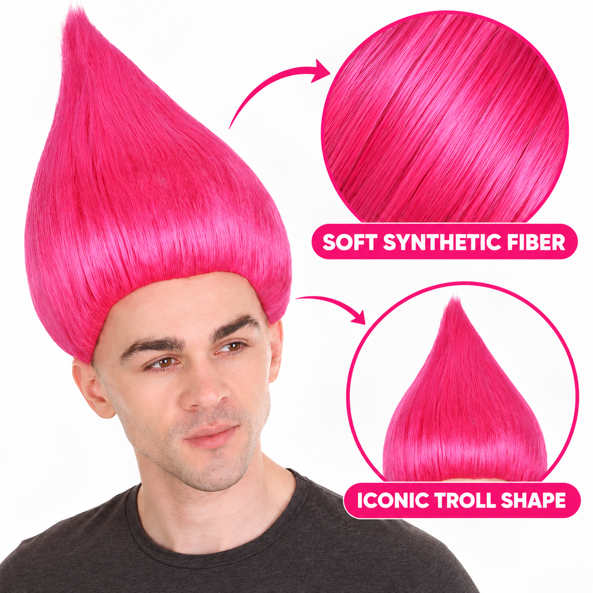 HPO Troll Neon Pink Wig Synthetic Costume Hairpiece Bundle Set for Adult & Teen - Tall Spiked Fantasy Upright Hairstyle With Bold Volume for Cosplay Events & Themed Dress-Up.