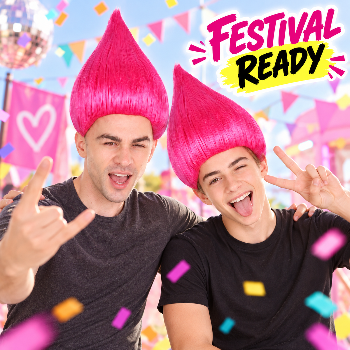 HPO Troll Neon Pink Wig Synthetic Costume Hairpiece Bundle Set for Adult & Teen - Tall Spiked Fantasy Upright Hairstyle With Bold Volume for Cosplay Events & Themed Dress-Up.