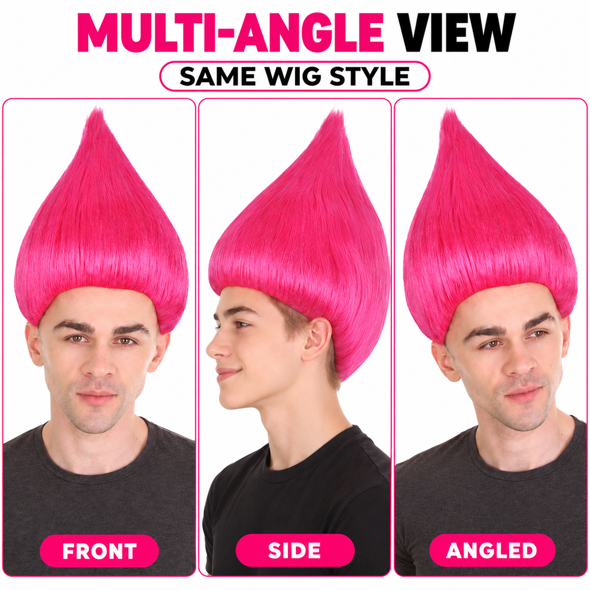 HPO Troll Neon Pink Wig Synthetic Costume Hairpiece Bundle Set for Adult & Teen - Tall Spiked Fantasy Upright Hairstyle With Bold Volume for Cosplay Events & Themed Dress-Up.