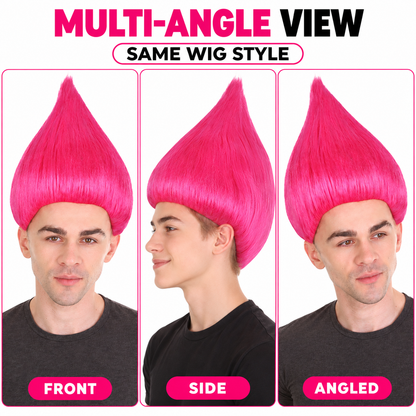 HPO Troll Neon Pink Wig Synthetic Costume Hairpiece Bundle Set for Adult & Teen - Tall Spiked Fantasy Upright Hairstyle With Bold Volume for Cosplay Events & Themed Dress-Up.