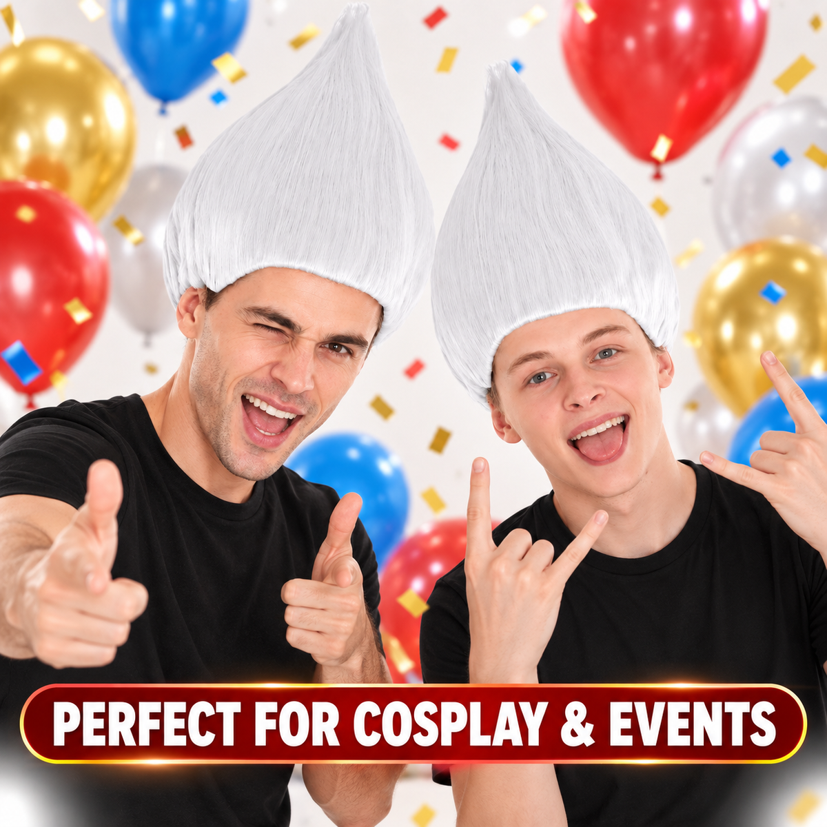 HPO Unisex Troll White Wig Bundle for Adult & Teen Classic Spiked Synthetic Hair - Fantasy Hairstyle with A Bold Upright Tall Shape Ideal for Halloween Cosplay Events & Themed Dress-Up