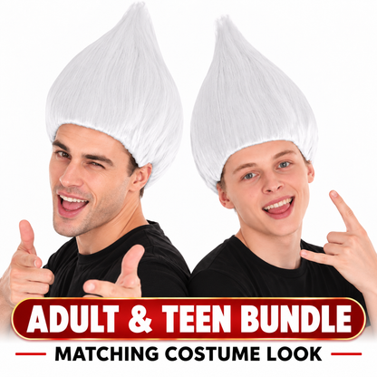 HPO Unisex Troll White Wig Bundle for Adult & Teen Classic Spiked Synthetic Hair - Fantasy Hairstyle with A Bold Upright Tall Shape Ideal for Halloween Cosplay Events & Themed Dress-Up
