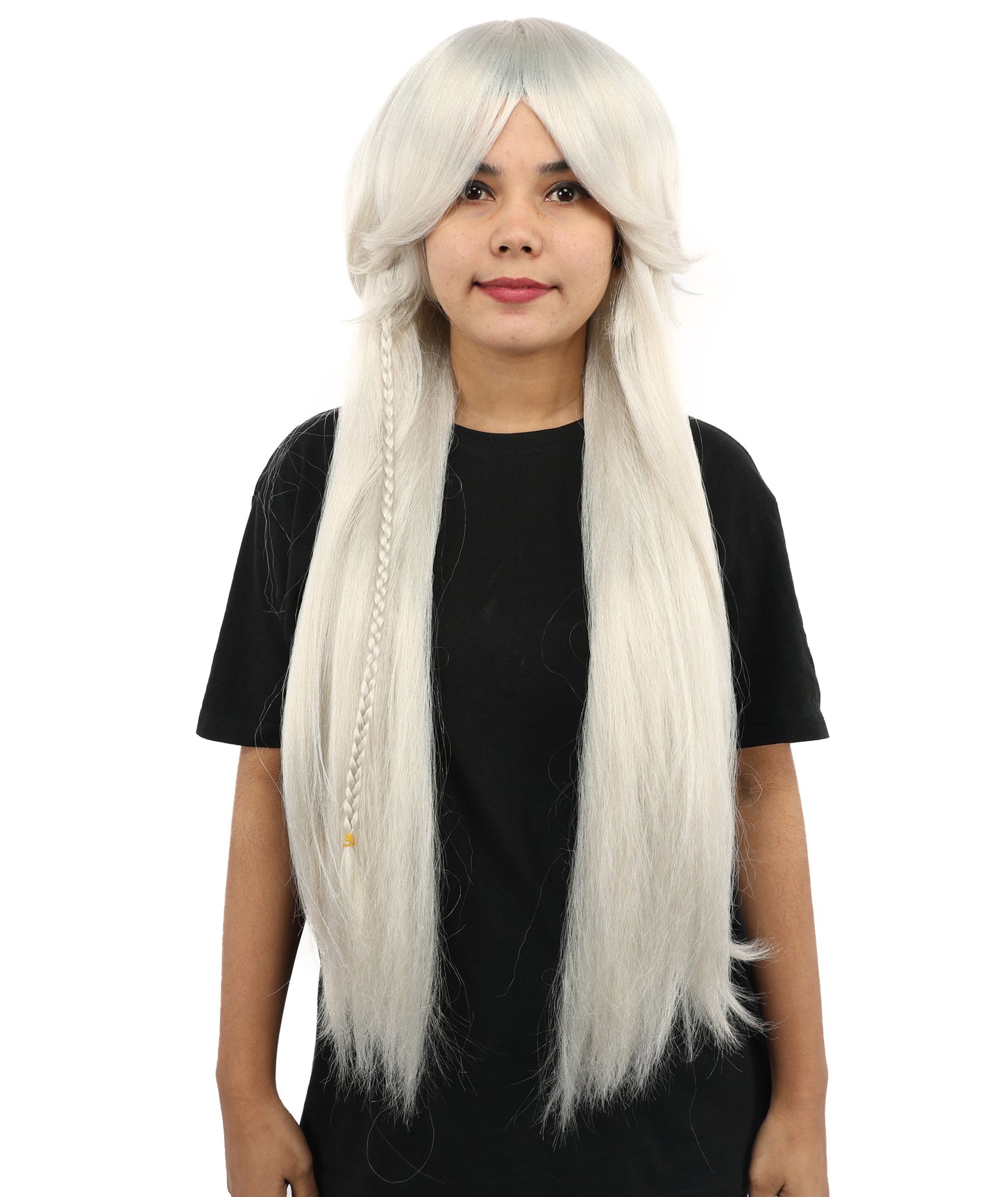 HPO Women’s 32” Silver Grey Bangs Wig | Extra Long Straight Synthetic Wig | Breathable Cap for Halloween, Roleplay, Theater, Party & Character Costumes