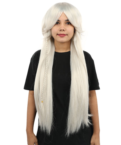 HPO Women’s 32” Silver Grey Bangs Wig | Extra Long Straight Synthetic Wig | Breathable Cap for Halloween, Roleplay, Theater, Party & Character Costumes